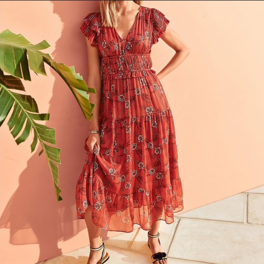 Ann Taylor Maxi Orange Gold Floral pleated dress